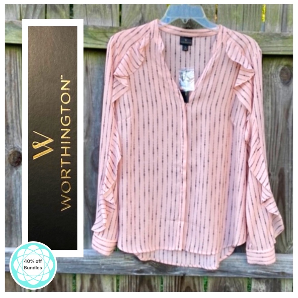 NWT Worthington sheer-ish blouse, 🖤on blush, L